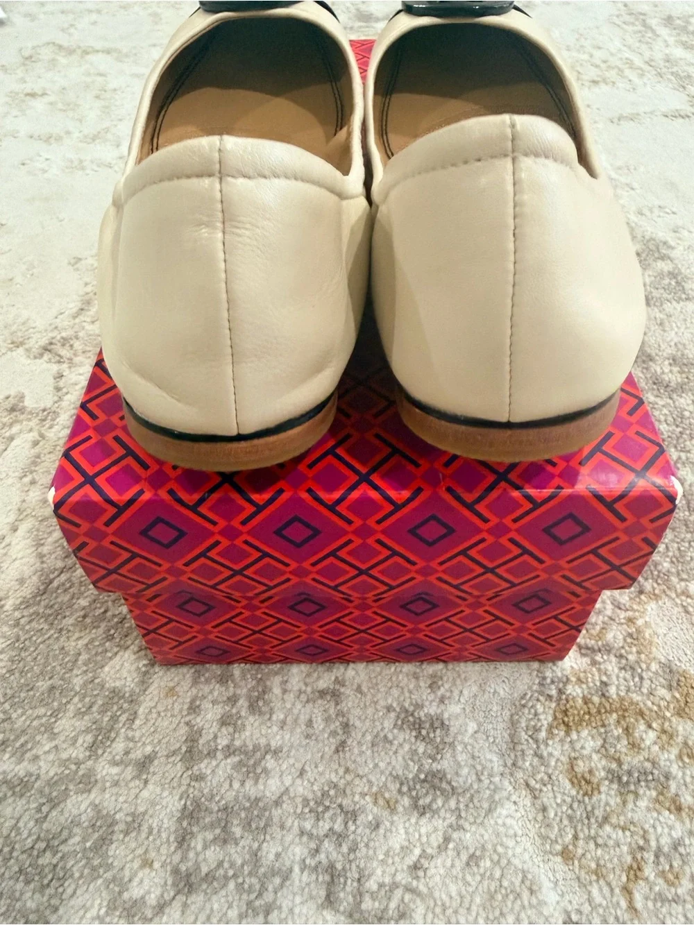 Tory Burch Two-Tone Cream Leather Ballet Flats with Black Patent Cap Toe